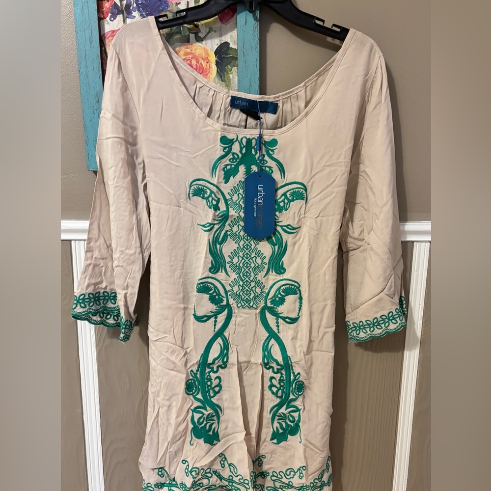 Urban Outfitters Beige Tunic with Teal Embroidery